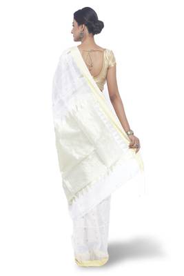 White Hand Woven Cotton Silk Saree With Blouse 3