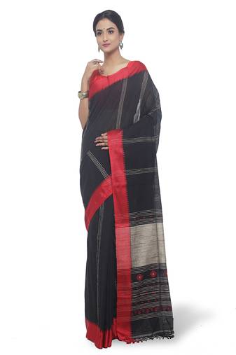 Black Hand Woven Cotton Saree With Blouse