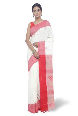 White Hand Woven Cotton Saree With Blouse 2