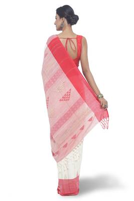 White Hand Woven Cotton Saree With Blouse 3