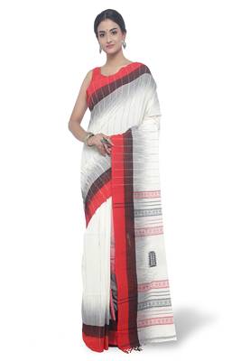 White Hand Woven Cotton Saree With Blouse 2
