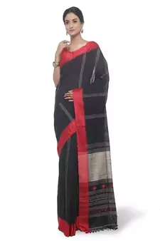 Black Hand Woven Cotton Saree With Blouse