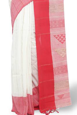 White Hand Woven Cotton Saree With Blouse 4