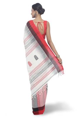 White Hand Woven Cotton Saree With Blouse 3