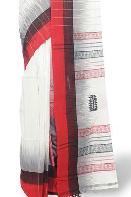 White Hand Woven Cotton Saree With Blouse 4