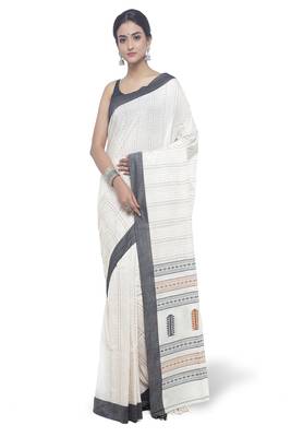 White Hand Woven Cotton Saree With Blouse 1