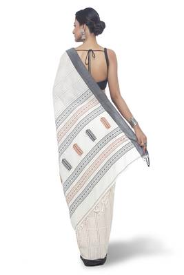White Hand Woven Cotton Saree With Blouse 3