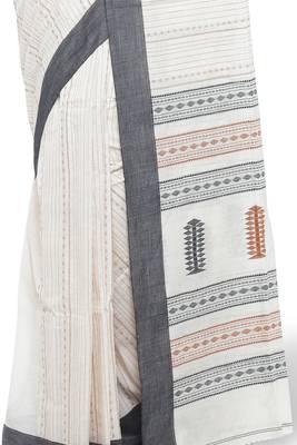 White Hand Woven Cotton Saree With Blouse 4