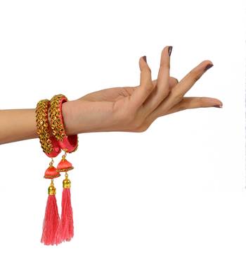 Pink Silk Thread Hand Crafted Bangle Set with Kundan & Jhumki 1