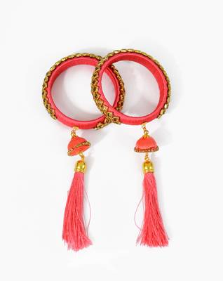 Pink Silk Thread Hand Crafted Bangle Set with Kundan & Jhumki 2