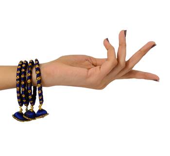 Navy Blue Silk Thread Hand Crafted Bangle Set with Kundan & Jhumki 2