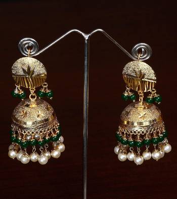 Green Beaded Gold Plated Traditional Dangler Bollywood Style Jhumka  1