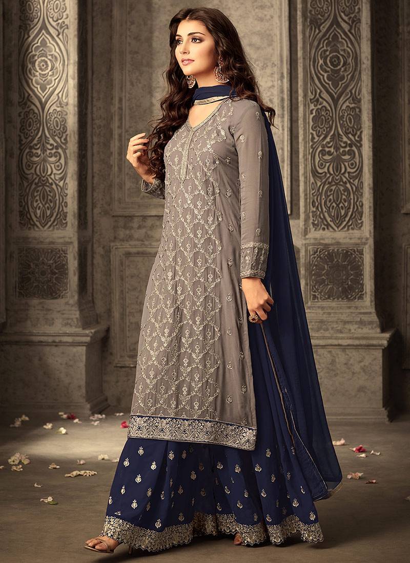 Light-grey embroidered georgette salwar with dupatta