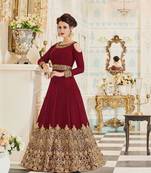Dark-red embroidered georgette anarkali salwar with dupatta