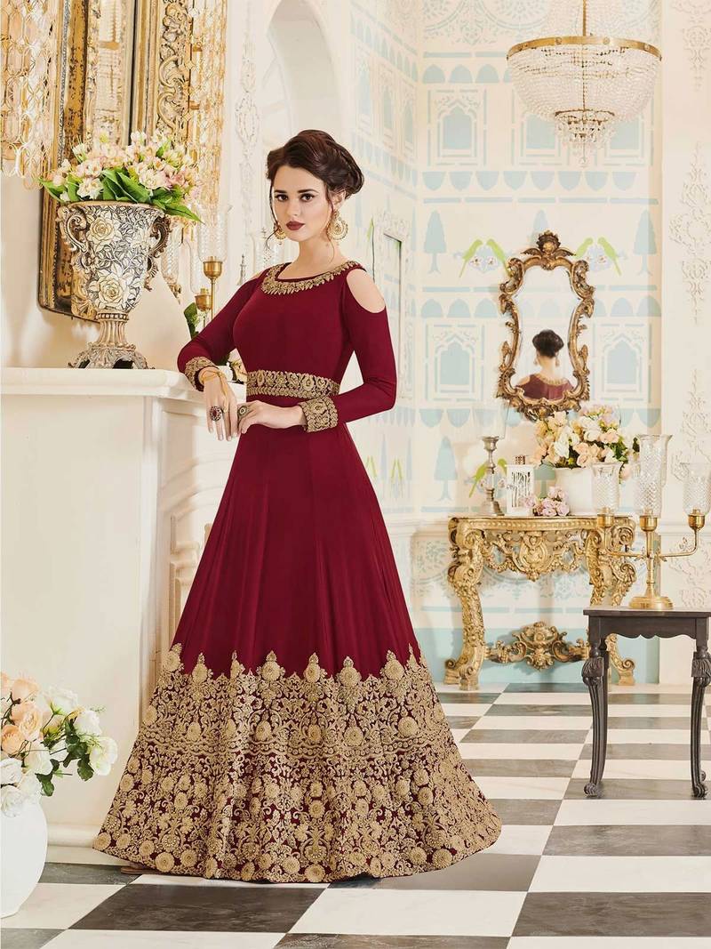 Dark-red embroidered georgette anarkali salwar with dupatta