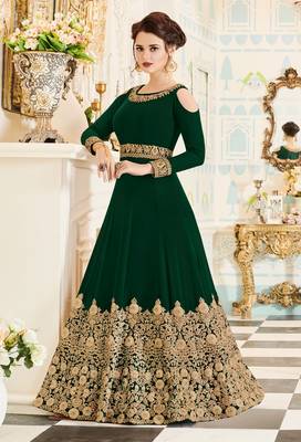 Green embroidered georgette anarkali salwar with dupatta 1