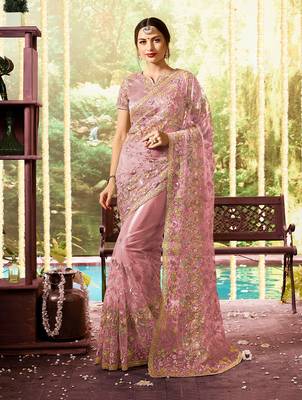 Light pink embroidered net saree with blouse 1