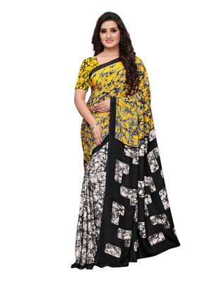 Yellow printed crepe saree with blouse 1