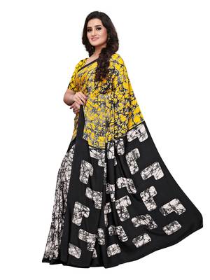 Yellow printed crepe saree with blouse 2