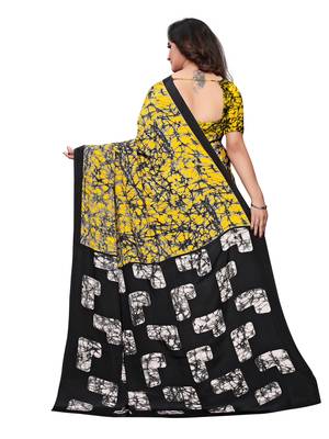 Yellow printed crepe saree with blouse 4