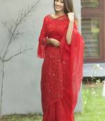 Red embroidered pure organza designer saree with blouse