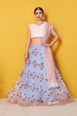 Grey embroidery tissue designer ethnic lehengas with matching blouse 1