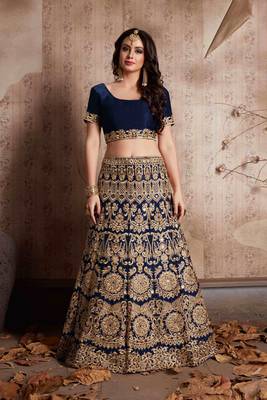 Blue embroidery velvet designer ethnic lehengas with matching blouse 1