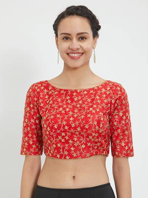 JustB Red Pre Embroidered Round Neck Padded Blouse 1