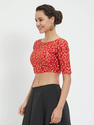 JustB Red Pre Embroidered Round Neck Padded Blouse 3