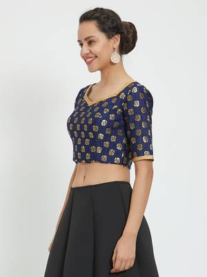 JustB Crushed Brocade Blue With Gold Padded Blouse 3