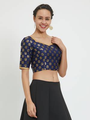 JustB Crushed Brocade Blue With Gold Padded Blouse 4