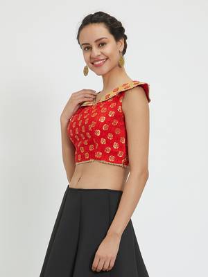 JustB Crushed Brocade Red With Gold Padded Blouse 3
