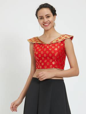JustB Crushed Brocade Red With Gold Padded Blouse 5