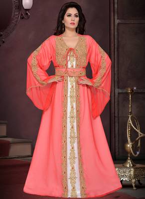 Red embroidered georgette islamic kaftans With Sun-proof hijab 1