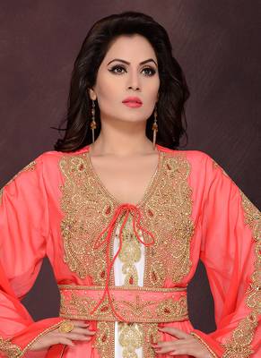 Red embroidered georgette islamic kaftans With Sun-proof hijab 2