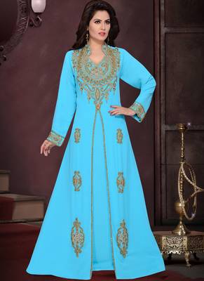 Turquoise embroidered georgette islamic kaftans With Sun-proof hijab 1