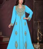 Turquoise embroidered georgette islamic kaftans With Sun-proof hijab.