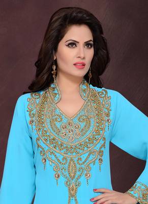 Turquoise embroidered georgette islamic kaftans With Sun-proof hijab 2
