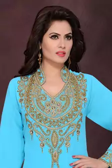 Turquoise embroidered georgette islamic kaftans With Sun-proof hijab