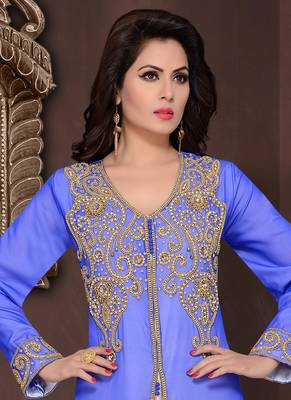 Blue embroidered georgette islamic kaftans With Sun-proof hijab 2
