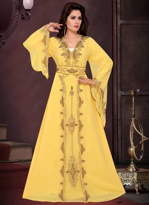 Yellow embroidered georgette islamic kaftans with hijab 1