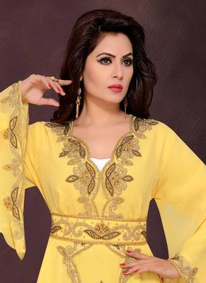 Yellow embroidered georgette islamic kaftans with hijab 2