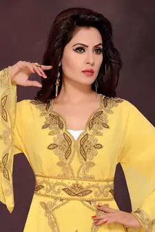Yellow embroidered georgette islamic kaftans with hijab