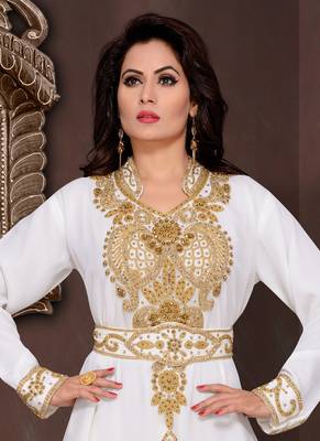 Off white embroidered georgette islamic kaftans With Sun-proof hijab 2