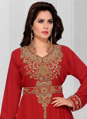 Maroon embroidered georgette islamic kaftans With Scarves Sun-proof hijab 2