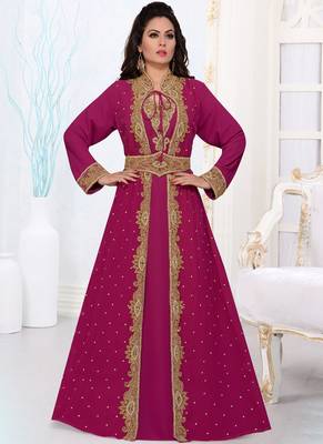 Magenta embroidered georgette islamic kaftans With Sun-proof hijab 1