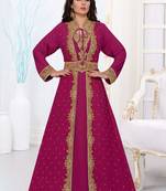 Magenta embroidered georgette islamic kaftans With Sun-proof hijab.