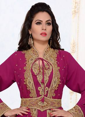 Magenta embroidered georgette islamic kaftans With Sun-proof hijab 2