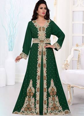 Green embroidered georgette islamic kaftans With Sun-proof hijab 1