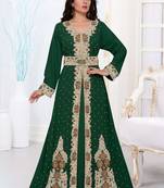 Green embroidered georgette islamic kaftans With Sun-proof hijab.